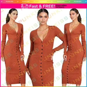 Women's Long Sleeve Seamless Bodycon Midi Dress??V Neck Button Front Ribbed Knit - Picture 1 of 4