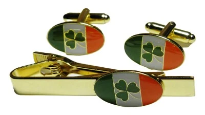 Ireland Flag Shamrock Cuff Links & Tie Bar Clip Clasp Gaelic Irish Cufflink Set - Image 1 of 4