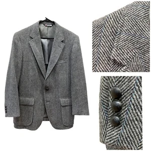 44R Blazer Suit Coat Sport Jacket Mens Tweed Herringbone Black Gray Blue vintage - Picture 1 of 14