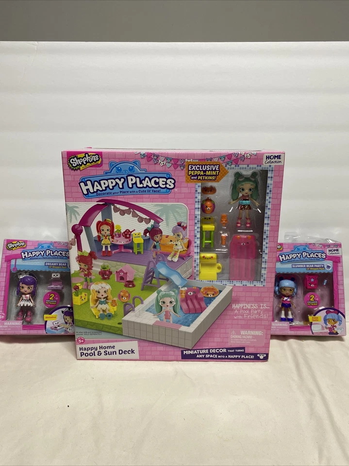 Happy Places Shopkins Happy Home 游泳池和太阳甲板 + 2 Shopkins 娃娃 全新 — 第 1/1 张图片