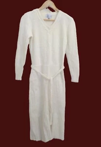 Vtg Knit Midi Dress Lambswool/Angora/Nylon Cream Ribbed Skirt V-Neck Cable Fuzzy - Picture 1 of 7