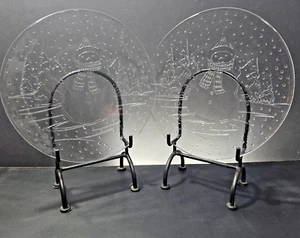 Libbey Vintage 13" Clear Glass Serving Plates Frosty Snowman Holiday Set of 2 - Picture 1 of 7