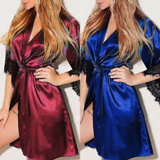 Women Nightwear Lace Satin Silk Nightdress Gown Robe Sleepwear Kimono Robe  MB