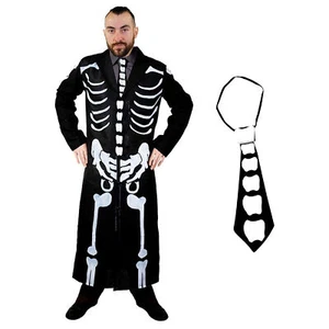 JAMES BONES COSTUME MENS LONG SKELETON COAT AND TIE BONE PRINT FANCY DRESS - Picture 1 of 10