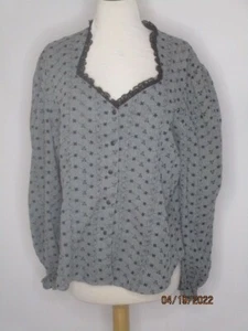 PanHandle Slim Gray Blouse Black Embroidery 20 Lace Trim Puffy Sleeves - Picture 1 of 4