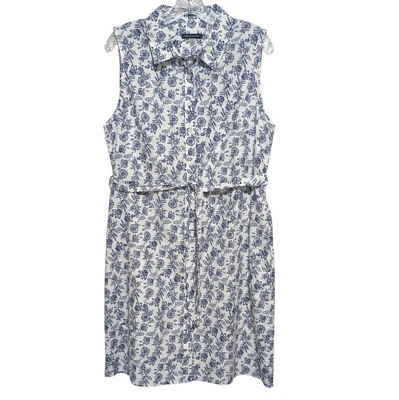 Tommy Hilfiger Linen Blend Dress 12 Blue Floral Pockets Shirtdress Sleeveless - Image 1 of 4