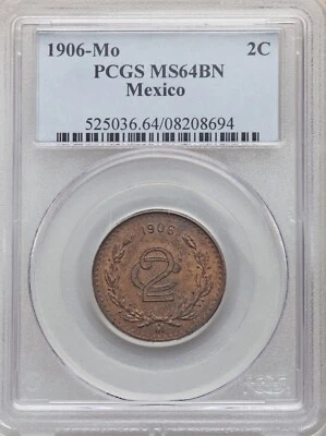 MEXICO ESTADOS UNIDOS 1906  2 CENTAVOS COIN PCGS CERTIFIED UNCIRCULATED MS64-BN - Image 1 of 2