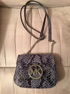 MICHAEL KORS FULTON  PYTHON Small Blue Denim w/ Silvertone Crossbody Bag NWOT - Picture 1 of 5