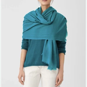 Eileen Fisher Scarf Organic Cotton Striped Cloud Turquoise Blue Coastal Indie - Picture 1 of 4