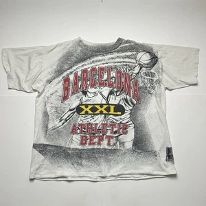 Vintage 90s Barcelona Basketball All Over Print Graphic T-Shirt Black White XXL - Picture 1 of 6
