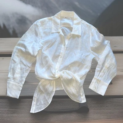 Corbata de cintura con botones blanca de lino Reformation Top XS Foto 1 de 4