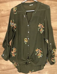 Figueroa & Flower Green Button Up Blouse Floral Embroidered Boho Top Large ? - Picture 1 of 6