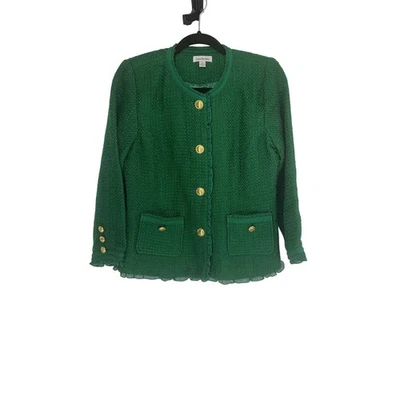 Joan Rivers Green Tweed Blazer Jacket Gold Buttons Ruffle Trim Career - Image 1 of 4