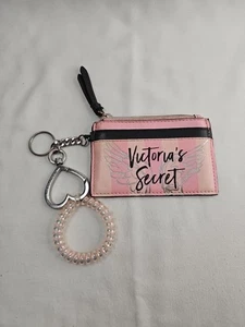 Victoria Secret Coin Purse Angel Wings & Heart Keyring Pink Stripes Mini Wallet - Picture 1 of 5
