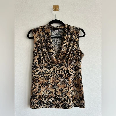 Vintage 90s Y2K Brown Black Baroque Print Cowl Neck Sleeveless Top Size L - Image 1 of 4