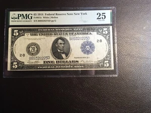 5.00 1914 FRNote. NY PMG 25 very fine foreign substance - Picture 1 of 3