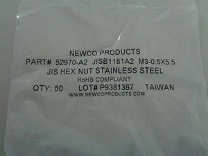 Nut, Hex, Stainless Steel, M3-0.5X5.5 JISB1181A2 50 PCS - NEW - Picture 1 of 2
