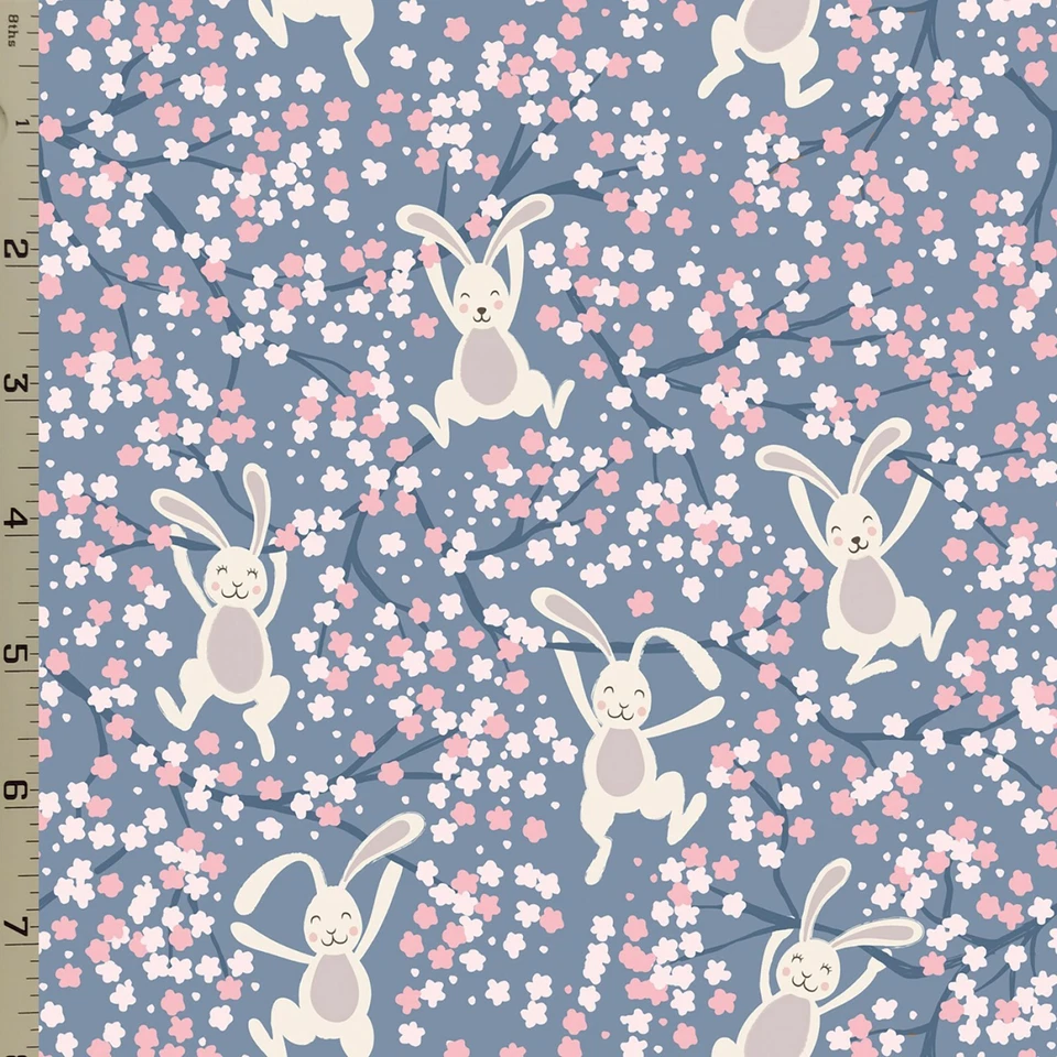 Swinging Bunny Denim Blue Cotton Fabric Lewis & Irene Easter Rabbit Hare Cherry - Image 1 of 1