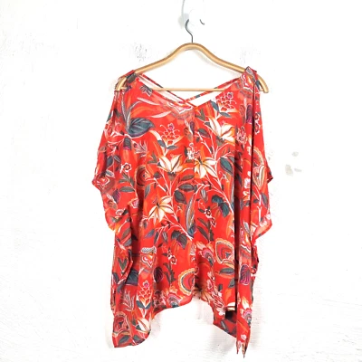 New KATIES Womens Kaftan Top Size 16 Orange Floral Cold Shoulder Short Sleeve - Image 1 of 4