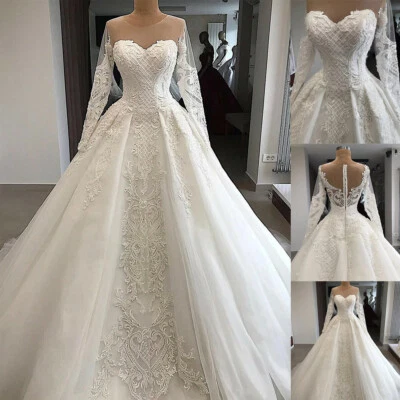 Luxury Long Sleeve Wedding Dresses Lace Appliques Beaded Sweep Train Bridal Gown - Image 1 of 4