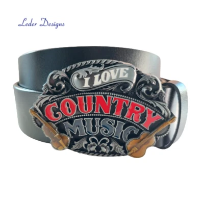 Schwarzer Ledergürtel + Gürtelschnalle Buckle Western Gitarre Country Musik - Bild 1 von 4