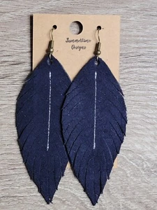 Handmade GENUINE Suede Leather Feather Earrings Navy 3" - Picture 1 of 1