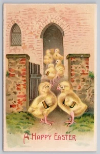 1908 Easter Postcard - Baby Chicks go to Church - Anthropomorphic Birds & Bibles - Picture 1 of 3