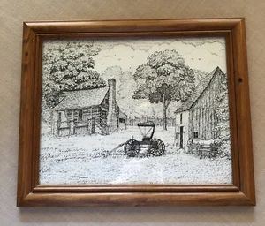 Robert Daugherty Ink Art Picture Old Cabin Barn Scene Framed Vintage Print - Picture 1 of 4