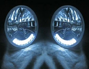 Street Rod 7" Tri Bar Blue Dot H4 Headlights w/ WHITE LED Turn Signals 12v Glass - Picture 1 of 9