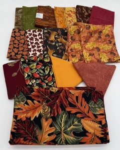 Fat Quarter Quilting Fabric Lot Of 16 + 2 Yd Pc Fall Autumn Leaves Print & Solid - Picture 1 of 8