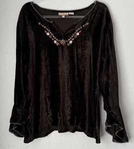 Vintage Fairy Grunge Whimsigoth Earthy Velvet Top Green Olive Floral Embroidered - Picture 1 of 14