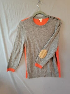 J Crew Wool Blend Sweater Womens Sz Med Gray Orange Elbow Patch Button Shoulder - Picture 1 of 12