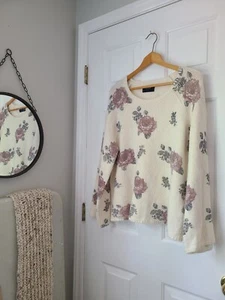 Lucky Brand Floral Knit Bell Sleeve Sweater Sz XL Ivory Roses Romantic Cottage - Picture 1 of 10