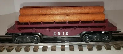 Marx plastic Erie Log Dump Car  w/ Log Load Type G trucks Tilt Coupler Maroon - Image 1 of 4