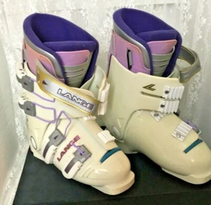 Botas de esquí para mujer Lange talla 24,5 autenticadas medias sol 894DX blancas púrpura azul - Imagen 1 de 7