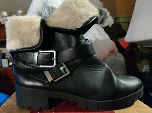 Shiekh Low Heel Faux Fur Ankle Vegan Leather Boot  Black 9 - Picture 1 of 7