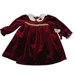 Good Lad Vintage Dress Burgundy Velour 80s Long Sleeve Holiday Size 24 Months - Picture 1 of 5