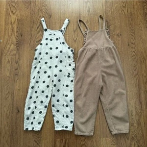 Zara Kids Polka Dots Corduroy Brown White Black Girls 2 Jumpsuits FLAWS - Picture 1 of 13