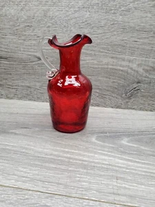 Vtg Red Crackle Glass Vase Pitcher Blown Art Applied Handle Kanawha Dunbar - Picture 1 of 7