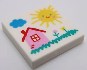 Lego 2x Tile 2 x 2 with Drawing of Cloud Sun House and Flowers Pattern - Picture 1 of 2