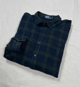 VTG 90s POLO RALPH LAUREN Sweatshirt Button Up Print Plaid XL 100% Cotton Blue - Picture 1 of 6