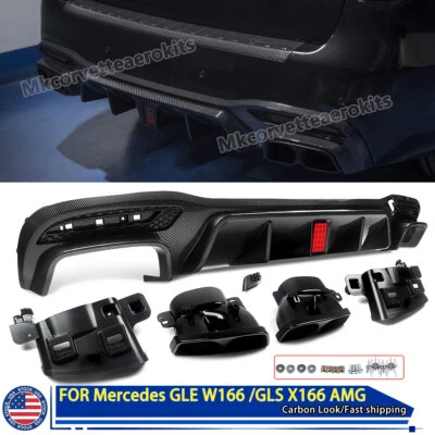 For Mercedes Rear Lower Valance Diffuser GLE/GLS W166 X166 15-18 Carbon Look ABS Foto 1 de 4