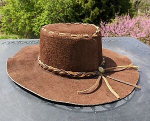 Vintage Suede Leather  Hippie Boho Cowboy Western Bucket Braided Hat