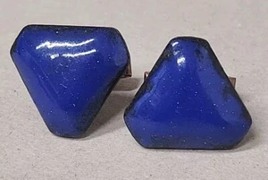 Vintage 60s Copper Enamel Mid Century Mod Cobalt Blue & Black Triangle Cufflinks - Picture 1 of 6