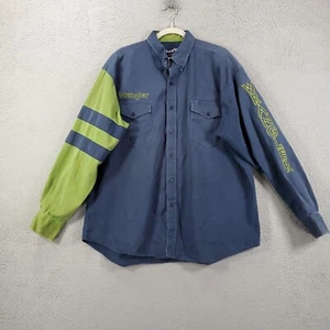 Vintage Wrangler Button Up Mens 2XL Brush Poper Spellout Embroidered Blue Green - Picture 1 of 14
