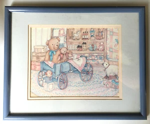 Teddy Bear Art Print Debi Hron Nursery Childs 1990s Blue Framed - Picture 1 of 5