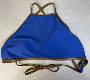 Aerie Women's Blue Gold High Neck Open Back Halter Bikini Swim Top Medium - Picture 1 of 7