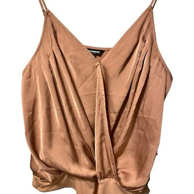 EXPRESS ☆ Satin Pleated Faux Wrap Cami Bodysuit ☆ Copper ☆ Size X-Large ☆ NWT - Image 1 of 4