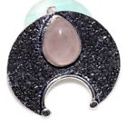 925 Silver Plated-Rose Quartz Ethnic Crescent Moon Pendant Jewelry 1.5" AU I982