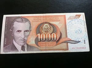 1000 Dinara 1990 Yugoslavia banknotes, Nikola Tesla, Handstamp Bank Bosnia ! - Picture 1 of 2